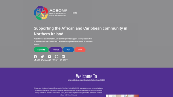 Screenshot of the African and Caribbean Support Organisation Northern Ireland (ACSONI) website