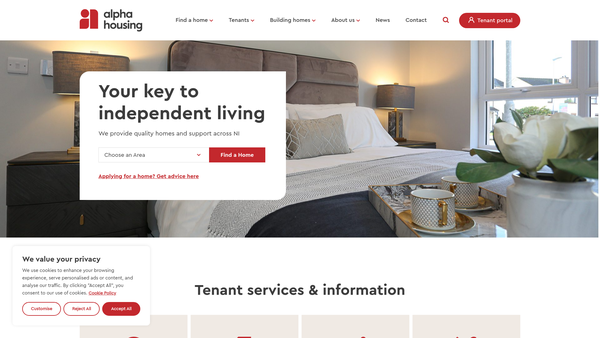 Screenshot of the Alpha Housing (NI) Ltd website