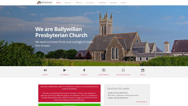 Screenshot of the Ballywillan Congregation of the Presbyterian Church in Ireland website
