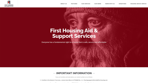 Screenshot of the First Housing Aid & Support Services website