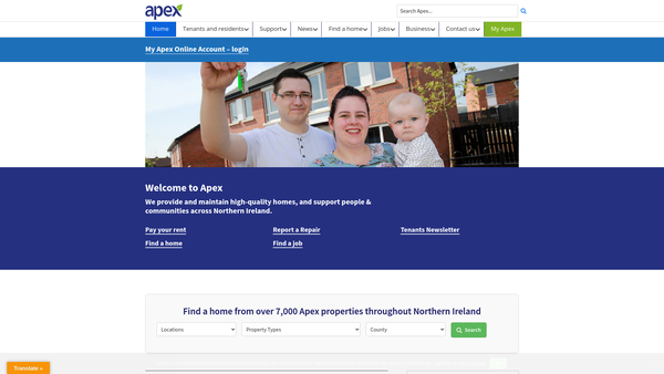 Screenshot of the Apex Housing Association Limited website