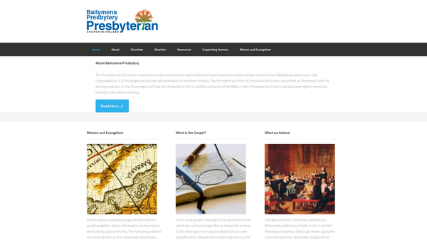 Screenshot of the The Ballymena Presbytery of the Presbyterian Church in Ireland website