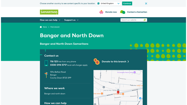 Screenshot of the Bangor and North Down Samaritans website