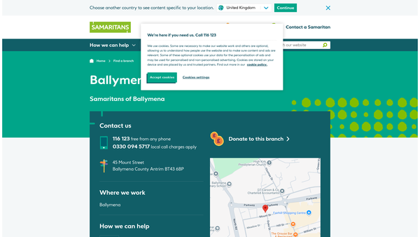 Screenshot of the Samaritans of Ballymena website
