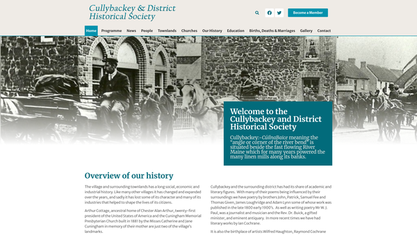 Screenshot of the Cullybackey & District Historical Society website