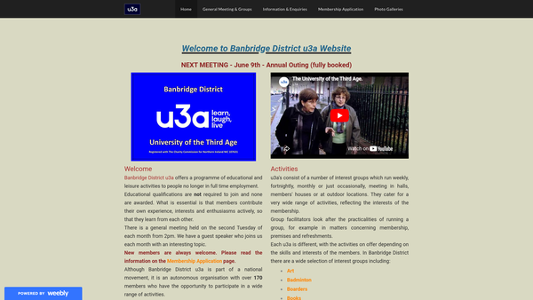 Screenshot of the Banbridge District U3A website