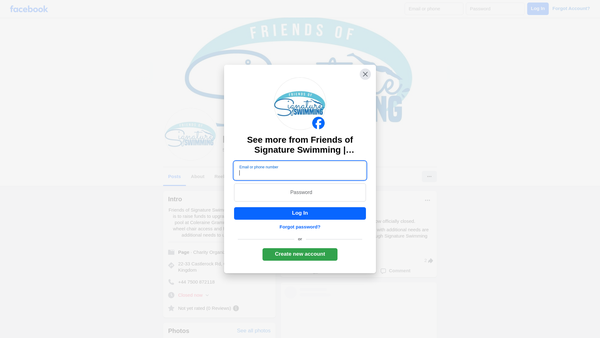 Screenshot of the Friends of Signature Swimming website