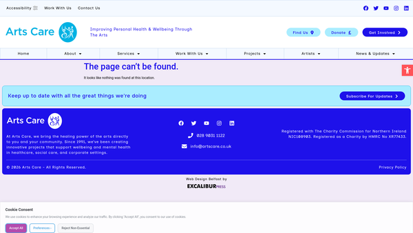 Screenshot of the Arts Care Limited website