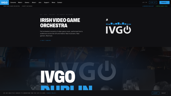 Screenshot of the Irish Video Game Orchestra website