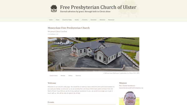 Screenshot of the Moneyslane Free Presbyterian Church website