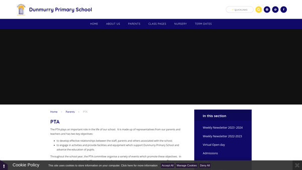 Screenshot of the Dunmurry Primary School Parent Teacher Association (PTA) website