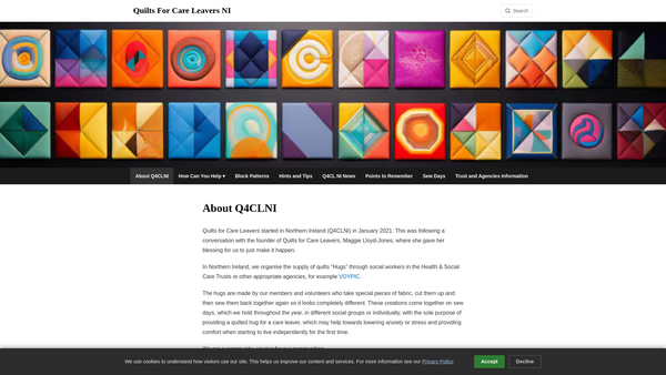 Screenshot of the Quilts for Care Leavers Northern Ireland (Q4CL NI) website