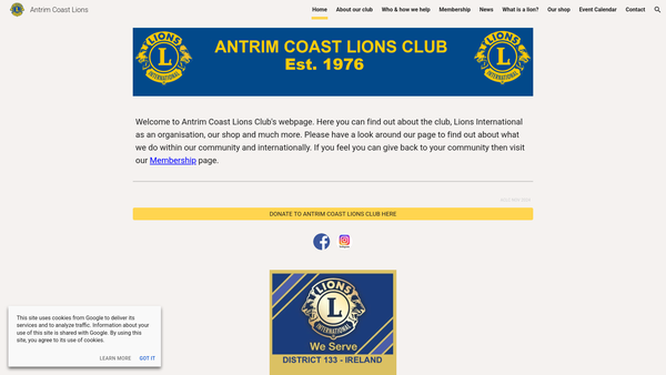 Screenshot of the Antrim Coast Lions Club website