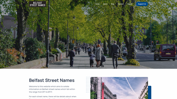 Screenshot of the Belfast Street Names website
