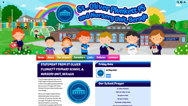 Screenshot of the Saint Oliver Plunkett Primary School and Nursery Unit Parent Teacher Association website