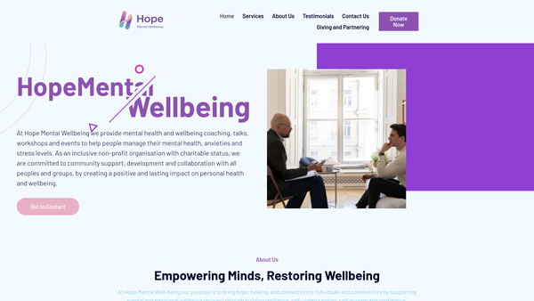 Screenshot of the Hope Mental Wellbeing Ltd website