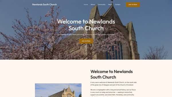 Screenshot of the Newlands South Church of Scotland, Glasgow website