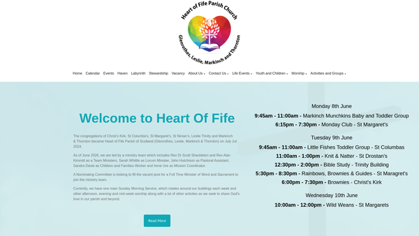 Screenshot of the Heart of Fife Parish Church of Scotland (Glenrothes, Leslie, Markinch and Thornton) website