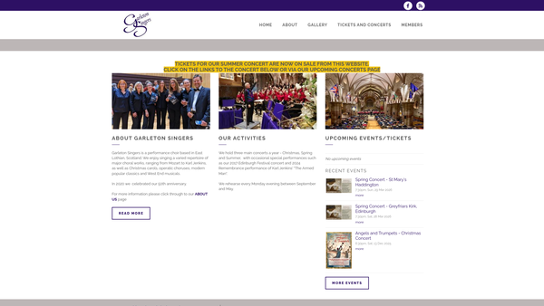 Screenshot of the Garleton Singers Music Society website