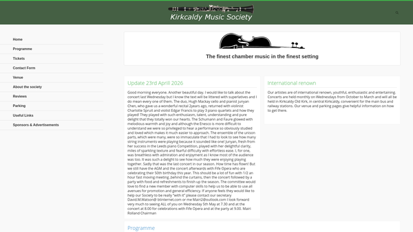 Screenshot of the Kirkcaldy Music Society website