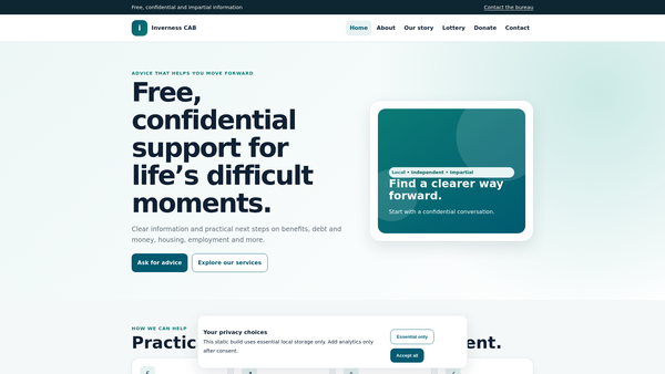 Screenshot of the Inverness Badenoch and Strathspey Citizens Advice Bureau website