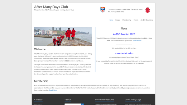 Screenshot of the University Of St Andrews After Many Days Club website