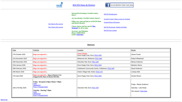 Screenshot of the Royal Scottish Country Dance Society Duns & District Branch website