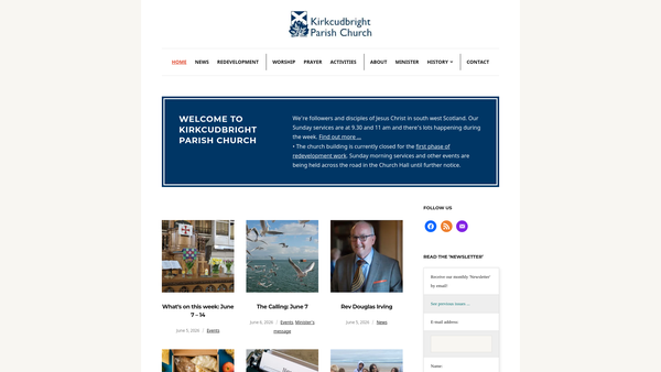 Screenshot of the Kirkcudbright Parish Church Of Scotland website
