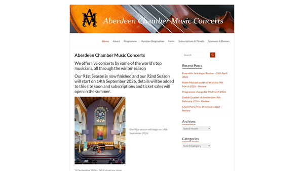 Screenshot of the Aberdeen Chamber Music Club website