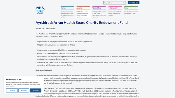 Screenshot of the Ayrshire & Arran Health Board Endowment Funds website