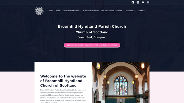 Screenshot of the Broomhill Hyndland Parish Church of Scotland, Glasgow website