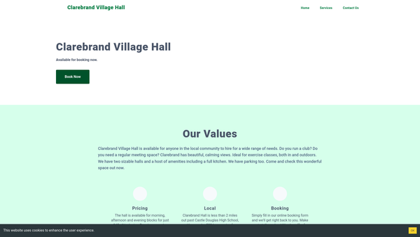 Screenshot of the Clarebrand Village Hall website