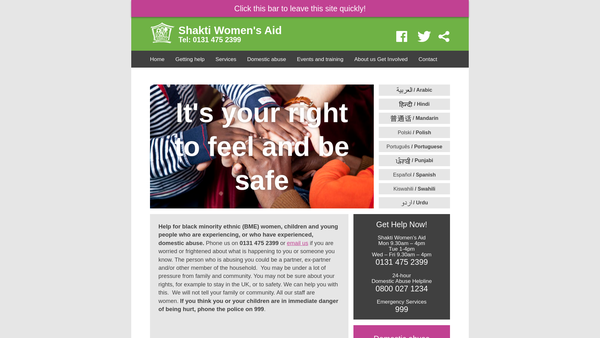 Screenshot of the Shakti Women's Aid website