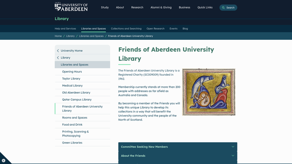 Screenshot of the Friends Of Aberdeen University Library website