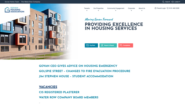 Screenshot of the Govan Housing Association Ltd website