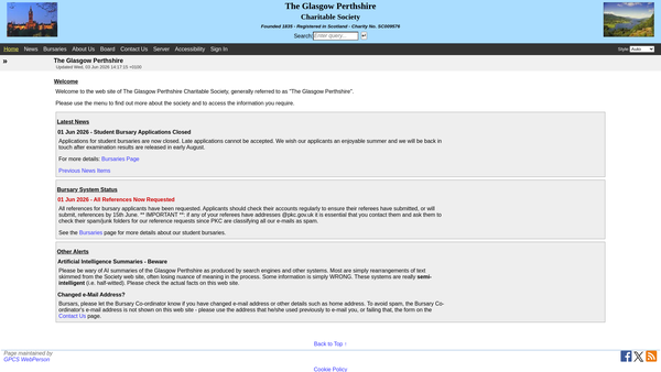 Screenshot of the Glasgow Perthshire Charitable Society website