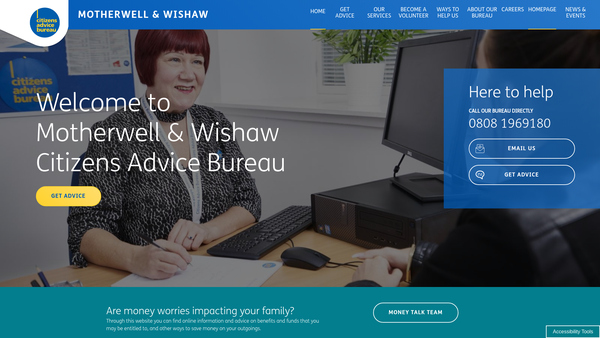 Screenshot of the Motherwell & Wishaw Citizens Advice Bureau website