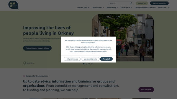 Screenshot of the Voluntary Action Orkney website