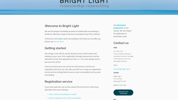 Screenshot of the Bright Light Relationship Counselling website
