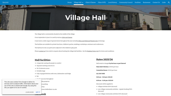 Screenshot of the Stichill Village Hall website