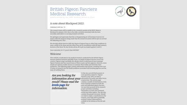 Screenshot of the British Pigeon Fanciers Medical Research website