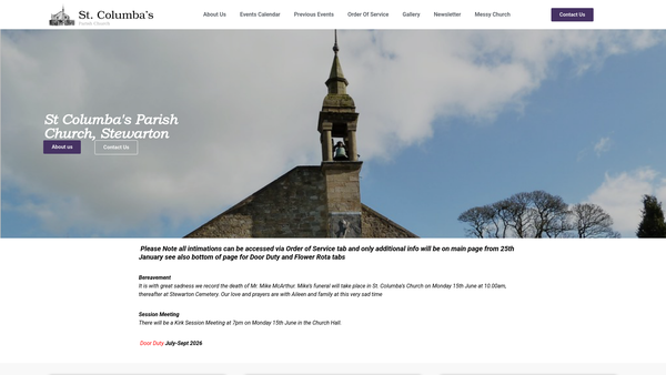 Screenshot of the St Columba's Parish Church of Scotland, Stewarton website