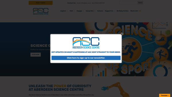Screenshot of the Aberdeen Science Centre website
