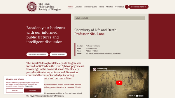Screenshot of the Royal Philosophical Society of Glasgow website