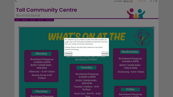 Screenshot of the Toll Community Centre, Burntisland website