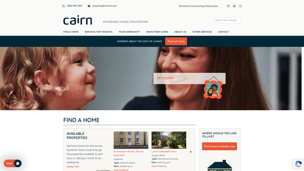 Screenshot of the Cairn Housing Association Ltd website