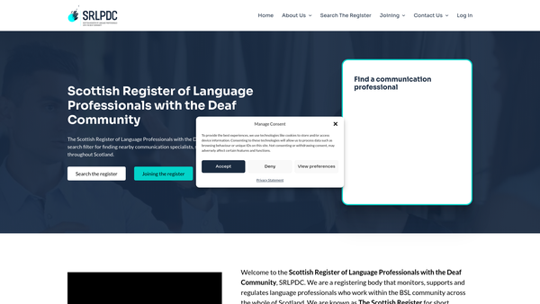 Screenshot of the The Scottish Register of Language Professionals with the Deaf Community website