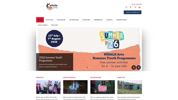 Screenshot of the WHALE, The Arts Agency website