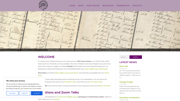 Screenshot of the Dumfries & Galloway Family History Society website