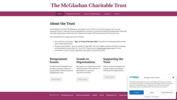 Screenshot of the McGlashan Charitable Trust website